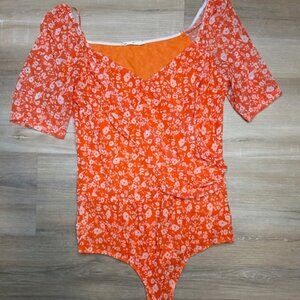 Women’s Orange Floral Puff Sleeve Bodysuit – Size Large